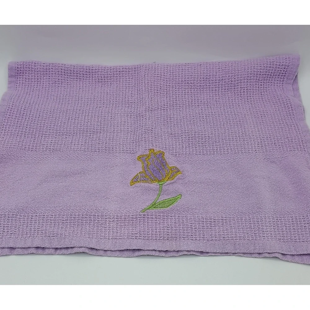 Lot of 2 Vintage Embroidered TULIP Dish Towel  Pink Purple B3